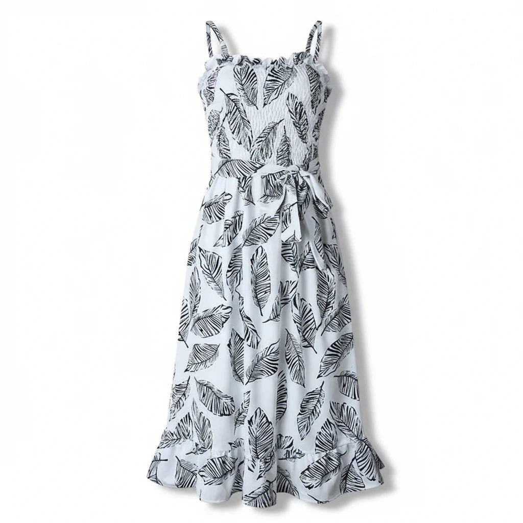 Women's Sleeveless Midi Dress With Leaf Print, Ruffle Neckline And Tie Waist