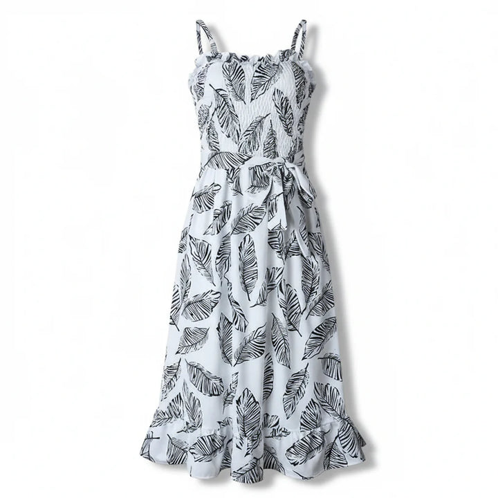 Women's Sleeveless Midi Dress With Leaf Print, Ruffle Neckline And Tie Waist