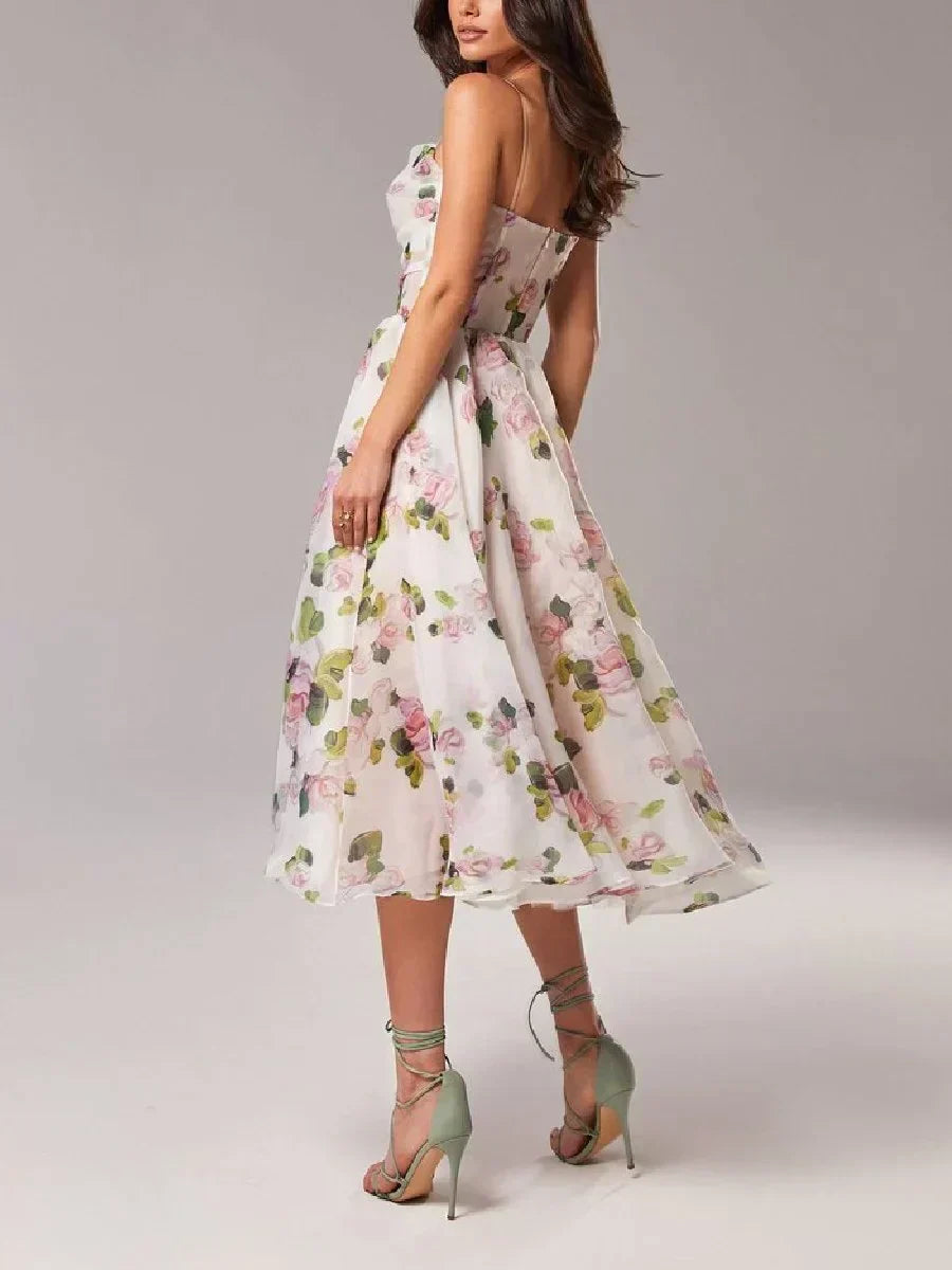 Elegant All Over Floral Print Strapless Midi Dress With Full Skirt For Women