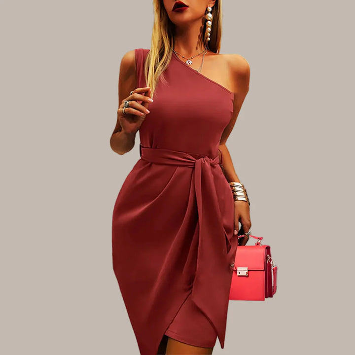 Women's One-Shoulder Midi Evening Dress With Asymmetric Fit And Waist Detailing