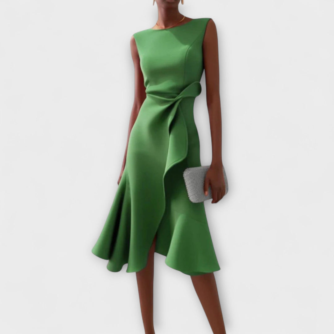 Aeris Draped Asymmetric Midi Dress For Summer Days