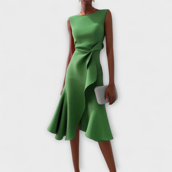 Aeris Draped Asymmetric Midi Dress For Summer Days