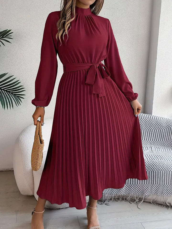 Aurora Elegant Women’s Long Sleeve Pleated Belted Dress