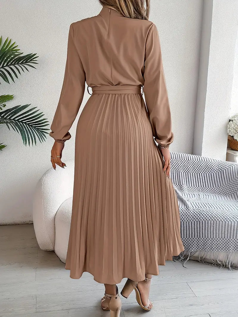 Aurora Elegant Women’s Long Sleeve Pleated Belted Dress