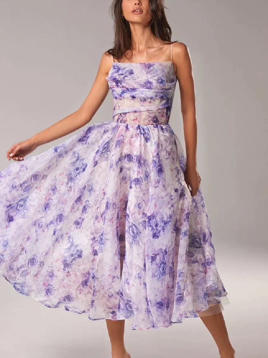 Elegant All Over Floral Print Strapless Midi Dress With Full Skirt For Women