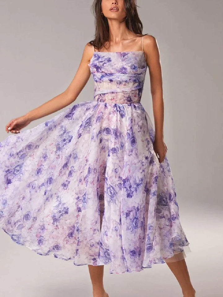 Elegant All Over Floral Print Strapless Midi Dress With Full Skirt For Women