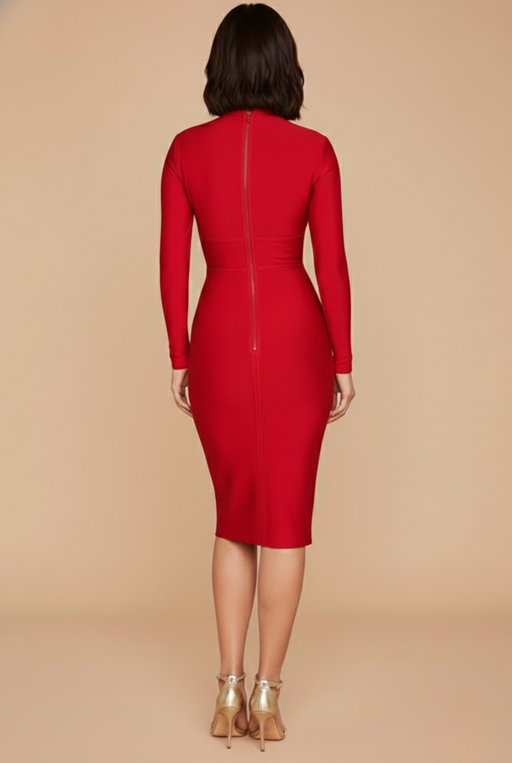 Women's Bodycon Midi Dress With Long Sleeves, Deep V-Neck Wrap-Effect, Centre Back Zip