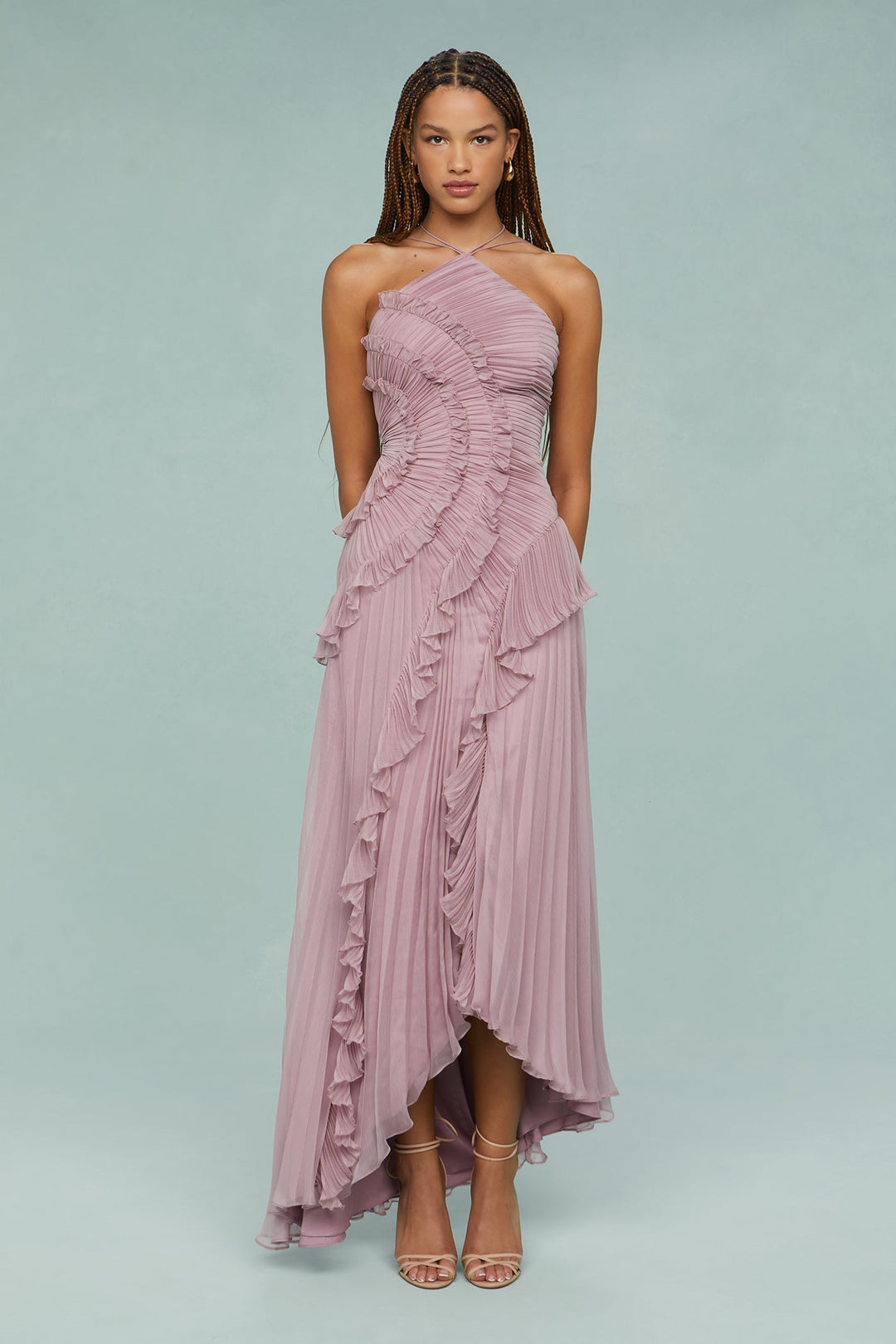 Astra Women's Pleated Ruffle Halter Midi Dress Collection