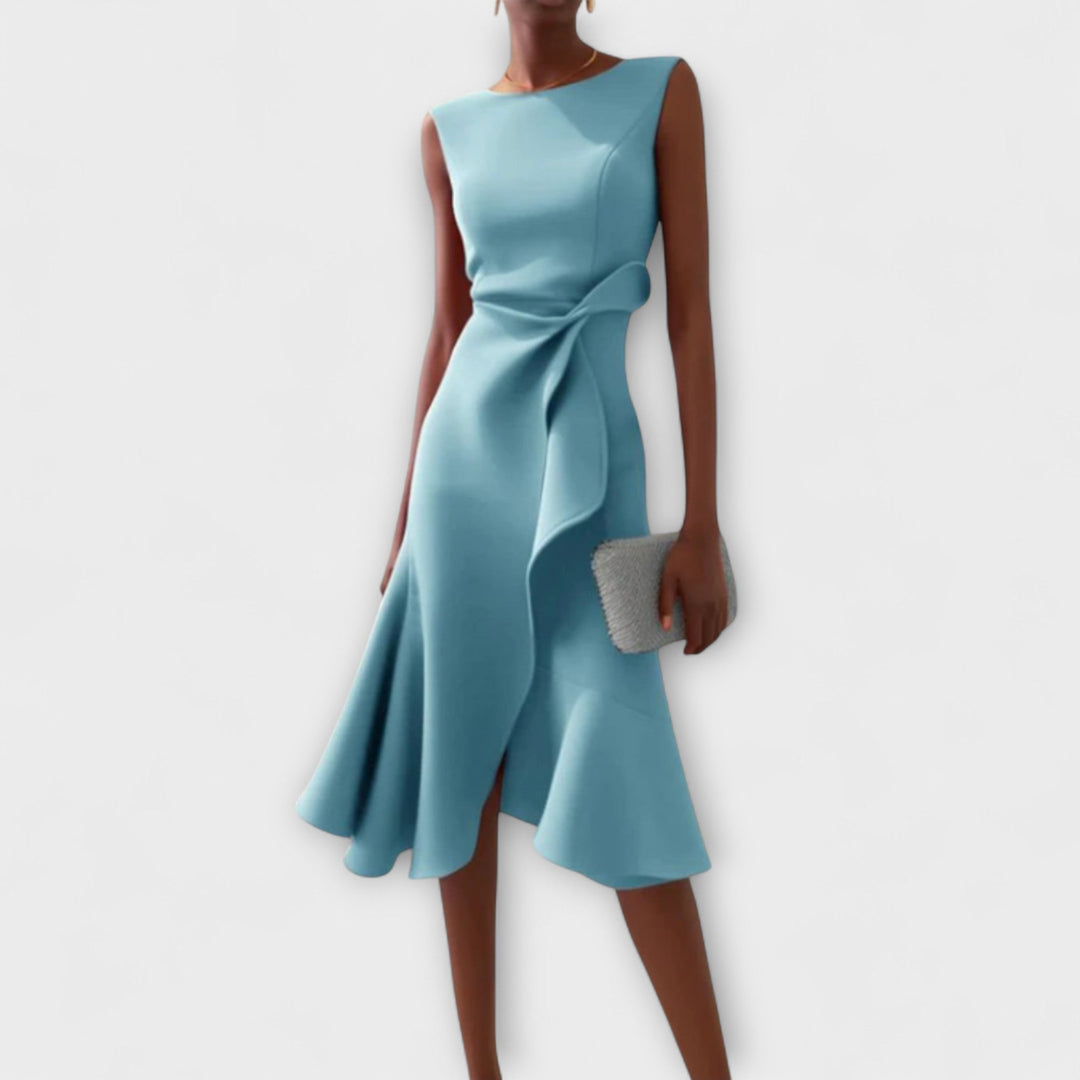 Aeris Draped Asymmetric Midi Dress For Summer Days