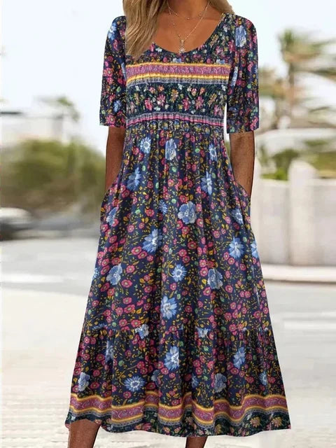 Aurelia Dress With Bohemian Print And Round Neckline For Everyday Wear