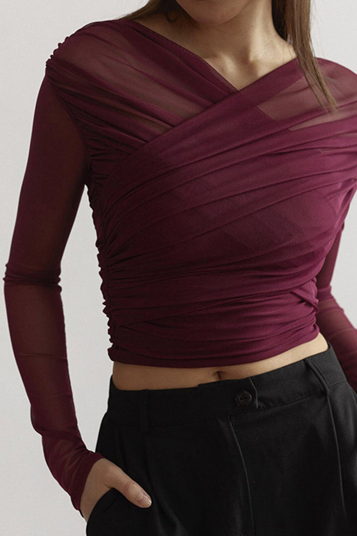 Nova Women Ruched Mesh Long Sleeve Top For Summer Days