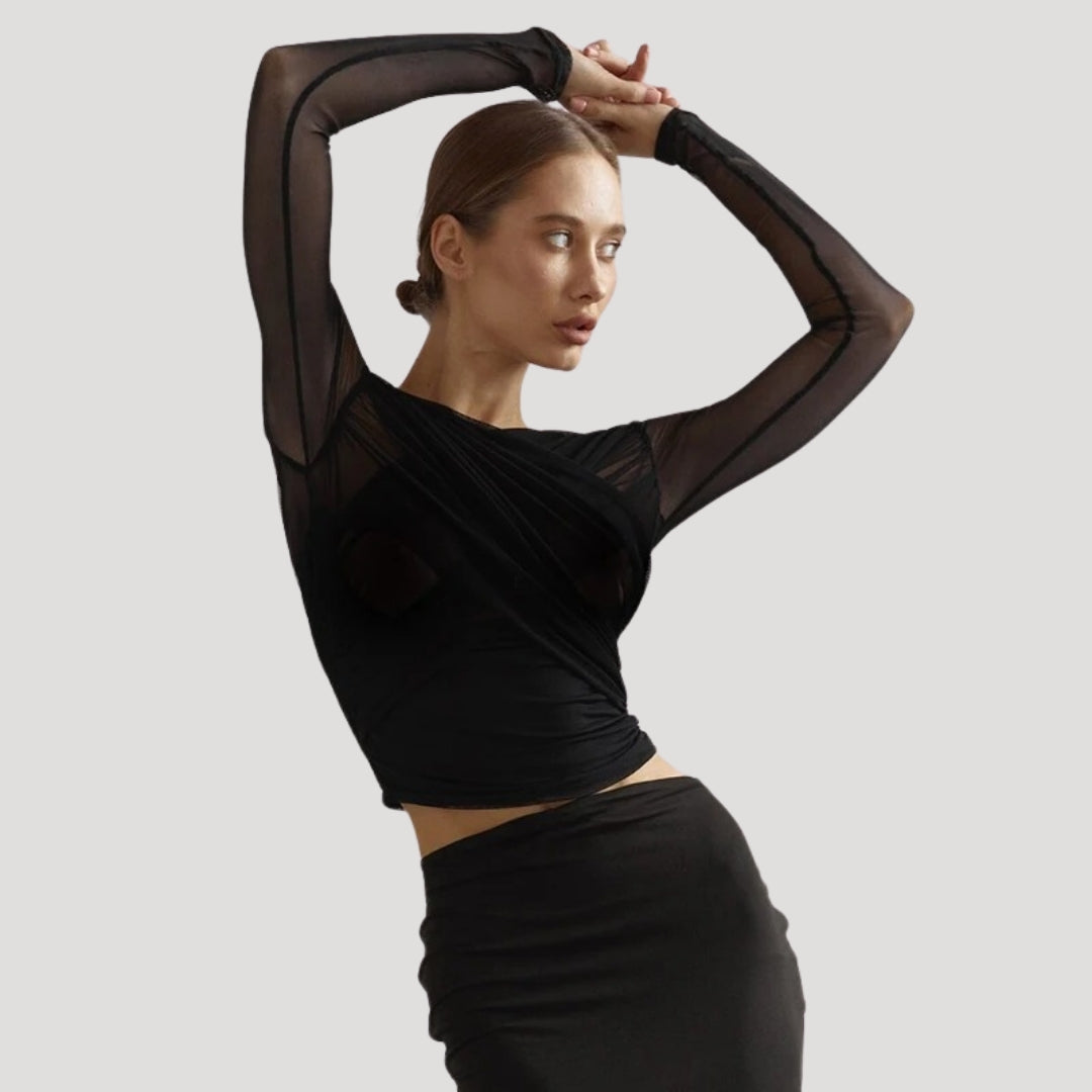 Marivelle Women's Spring Sheer Wrap Long-Sleeve Top