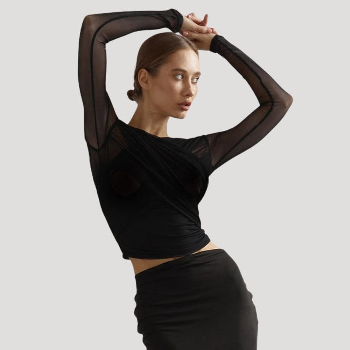 Marivelle Women's Spring Sheer Wrap Long-Sleeve Top