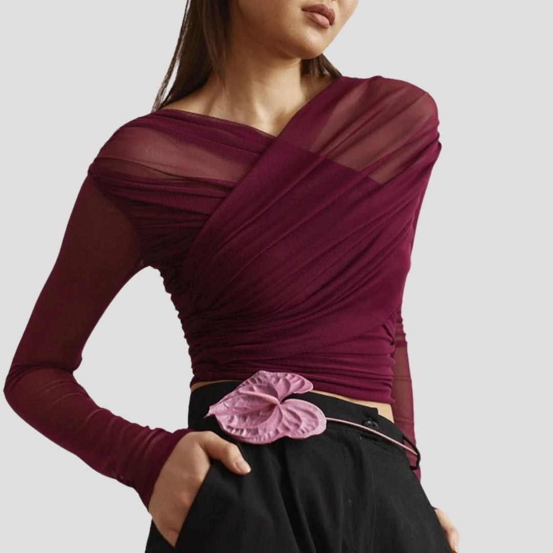 Marivelle Women's Spring Sheer Wrap Long-Sleeve Top