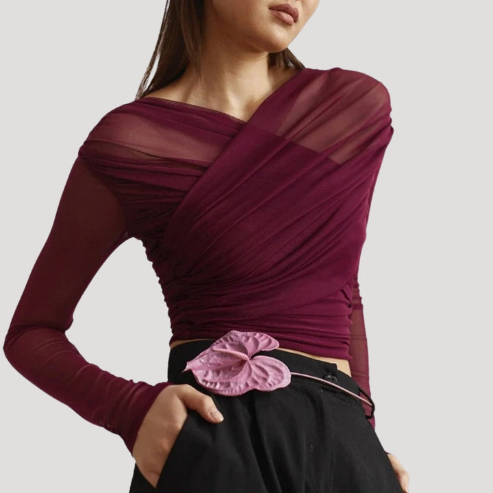 Marivelle Women's Spring Sheer Wrap Long-Sleeve Top