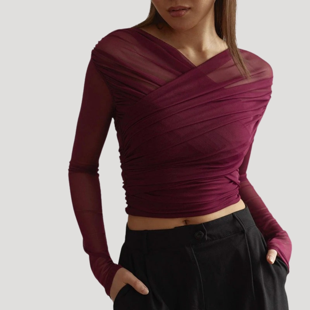 Marivelle Women's Spring Sheer Wrap Long-Sleeve Top