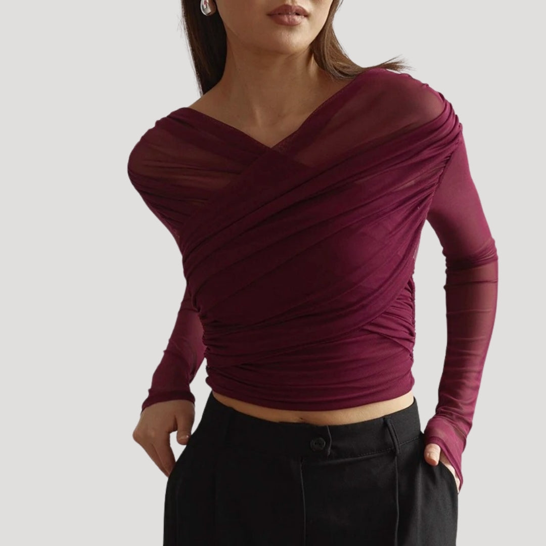 Marivelle Women's Spring Sheer Wrap Long-Sleeve Top