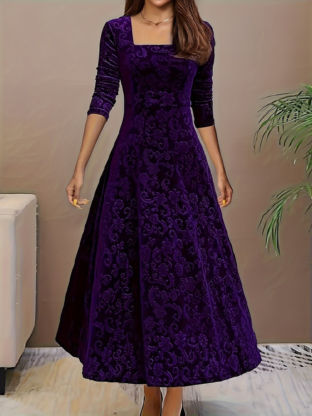 Elara Women's Graceful Floral Design Midi Dress For Weddings