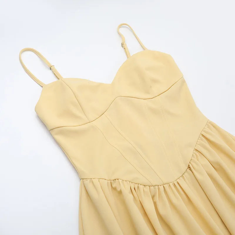 Yellow A-Line Midi Dress With Structured Corset Bodice Sweetheart Neckline And Side Pockets