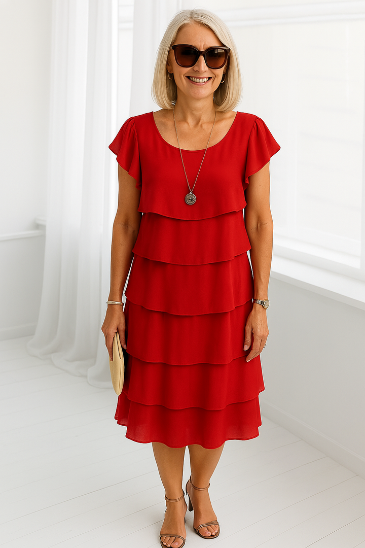 Aurora Women’s Elegant Short Sleeve Layered Midi Dress