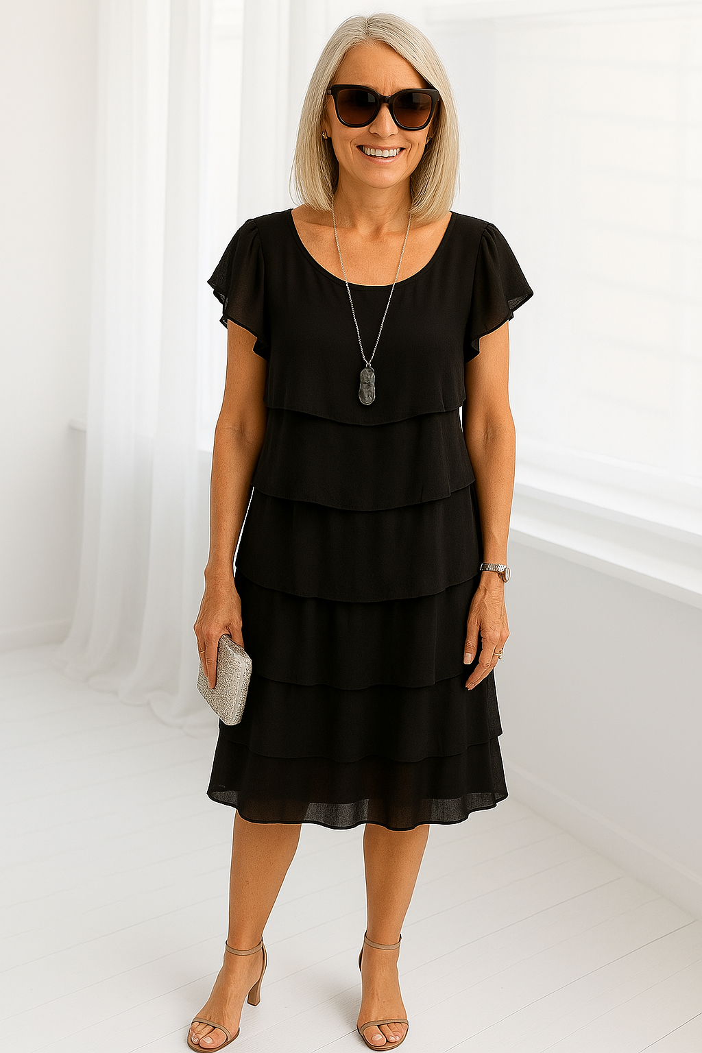Aurora Women’s Elegant Short Sleeve Layered Midi Dress