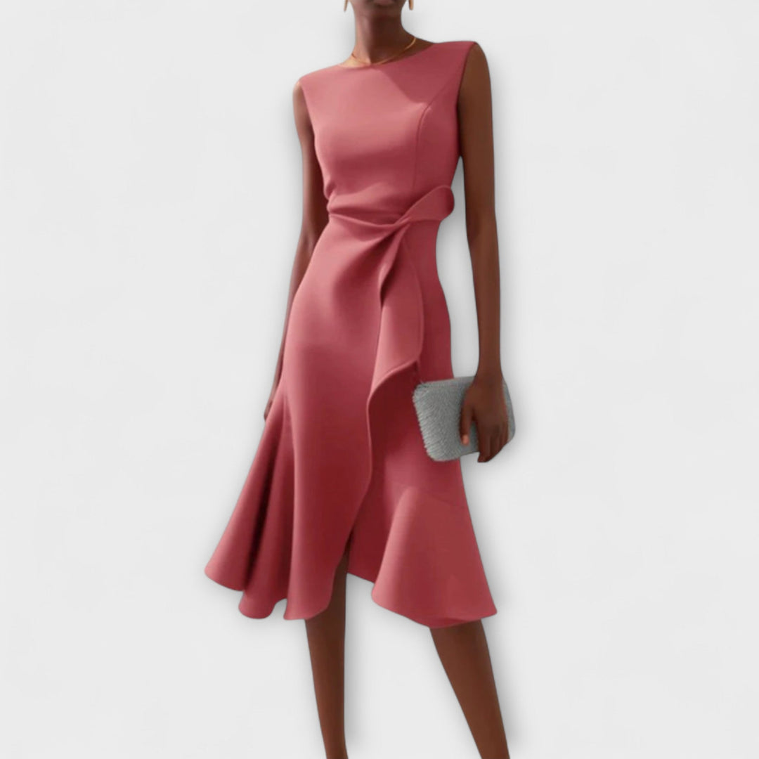Aeris Draped Asymmetric Midi Dress For Summer Days