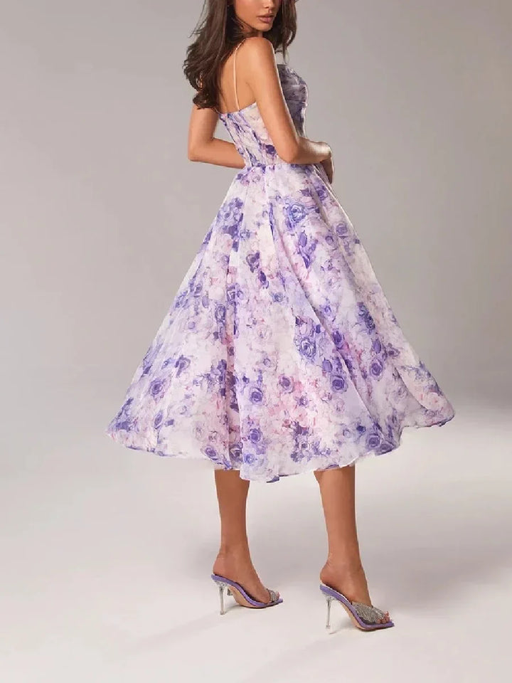 Elegant All Over Floral Print Strapless Midi Dress With Full Skirt For Women