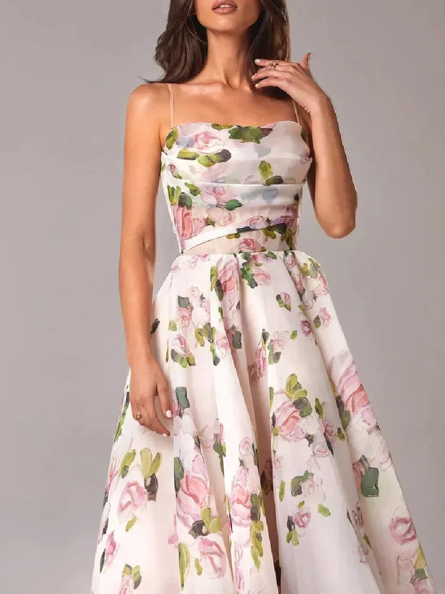 Elegant All Over Floral Print Strapless Midi Dress With Full Skirt For Women