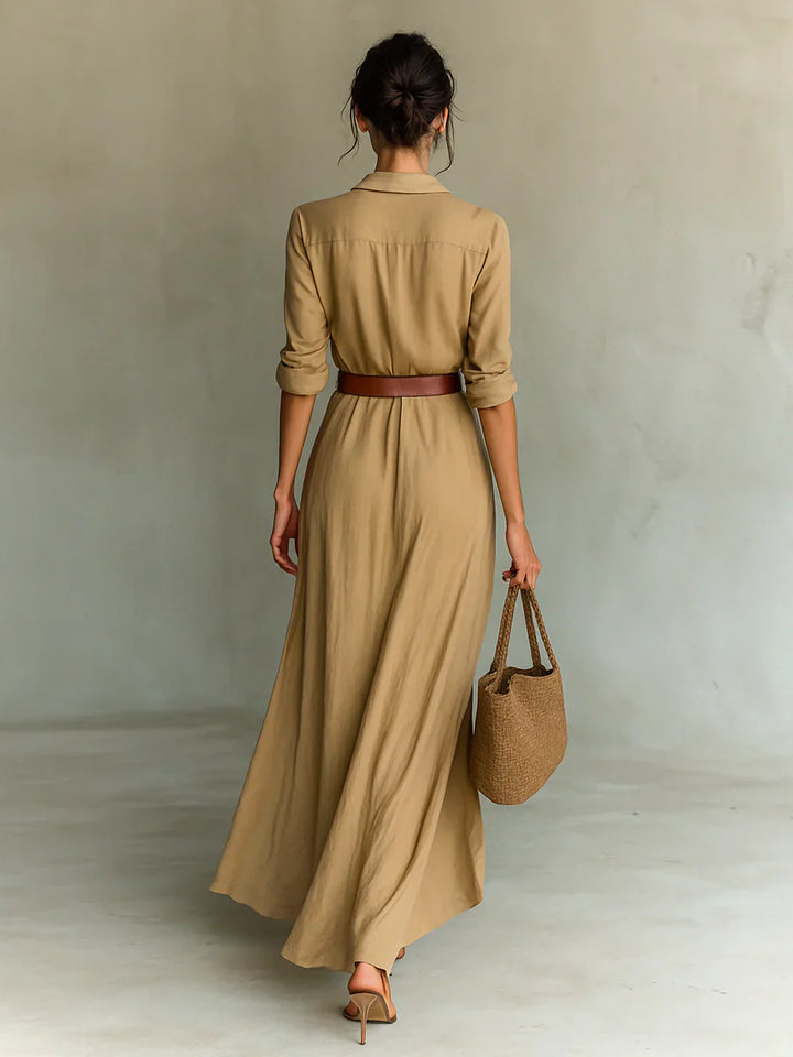 Nedra Lapel Long Sleeve Belted Maxi Dress With Classic Silhouette Style