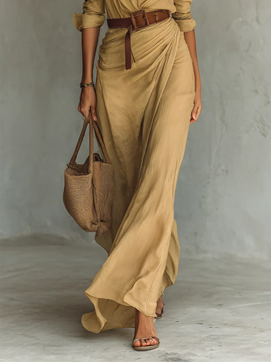 Nedra Lapel Long Sleeve Belted Maxi Dress With Classic Silhouette Style