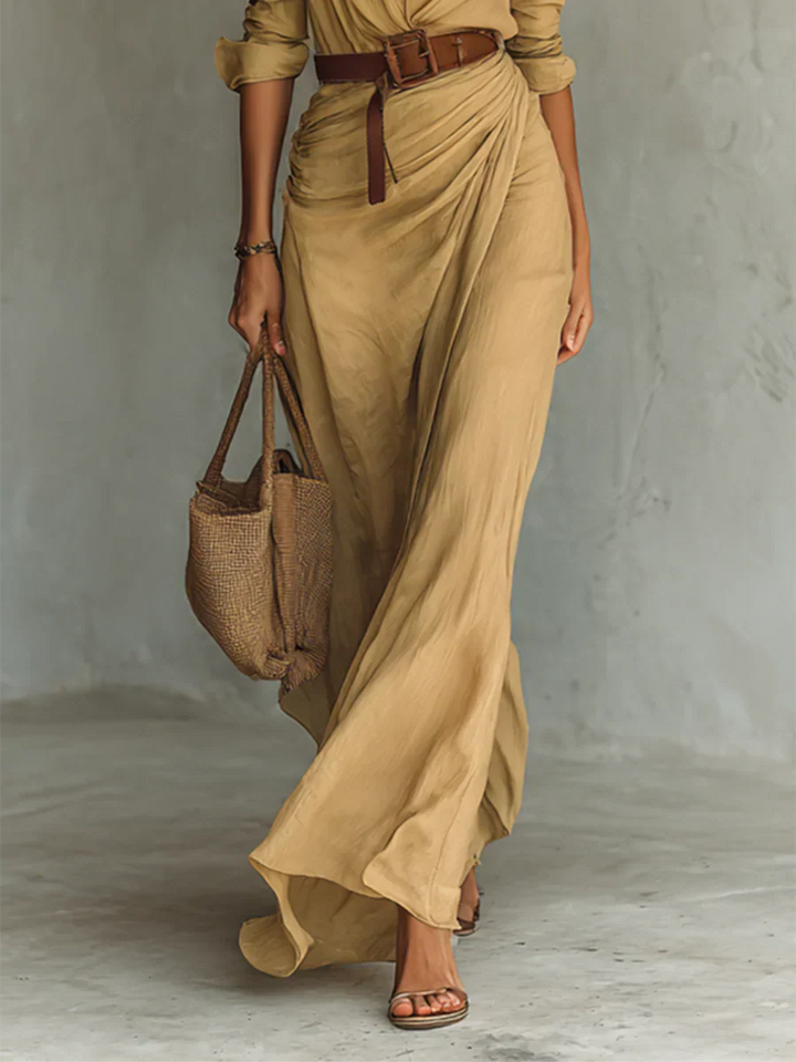 Nedra Lapel Long Sleeve Belted Maxi Dress With Classic Silhouette Style