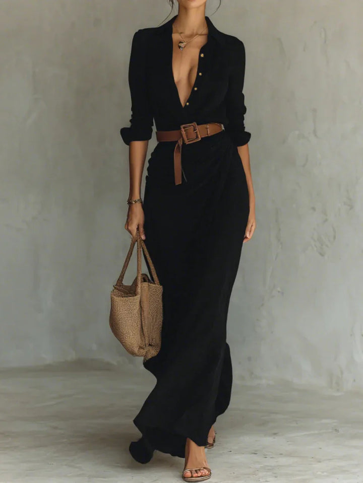 Nedra Lapel Long Sleeve Belted Maxi Dress With Classic Silhouette Style
