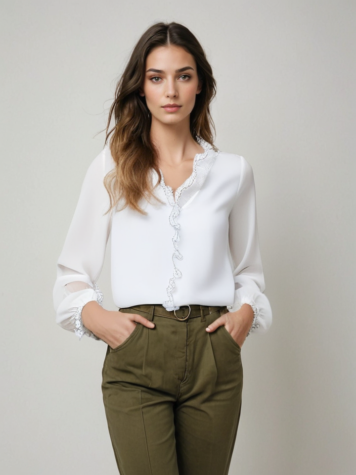 Astra Women Elegant Long Sleeve Ruffle Blouse Chic