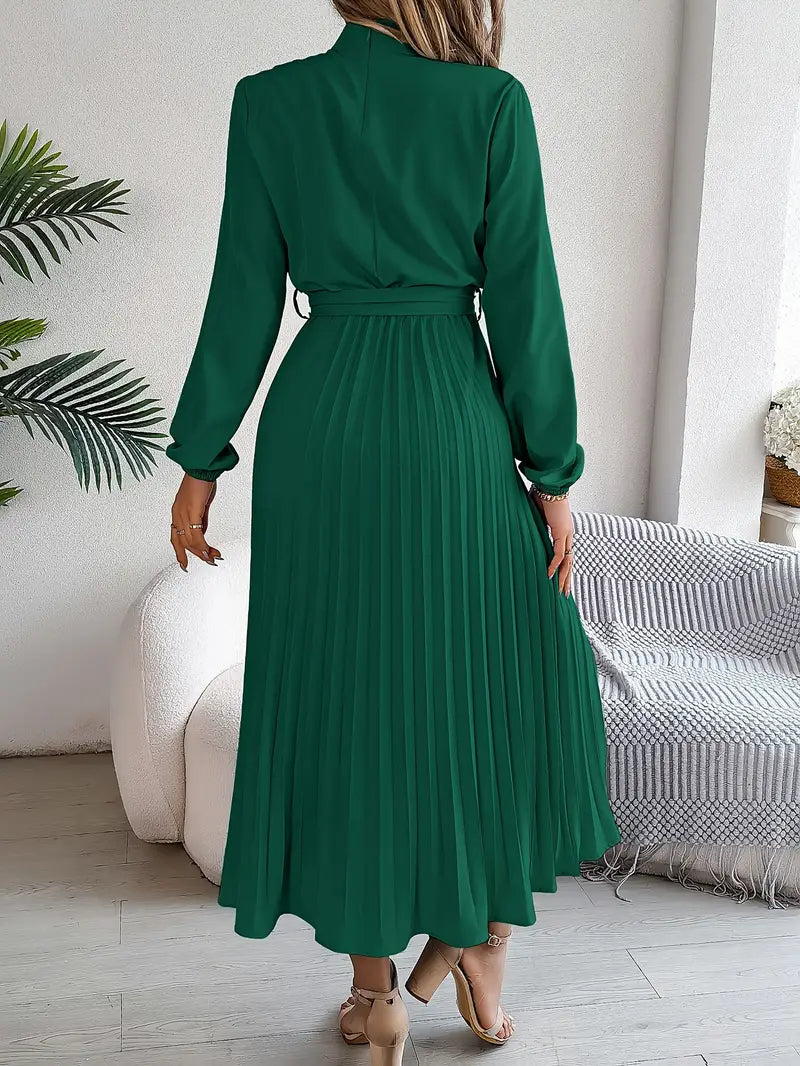 Aurora Elegant Women’s Long Sleeve Pleated Belted Dress