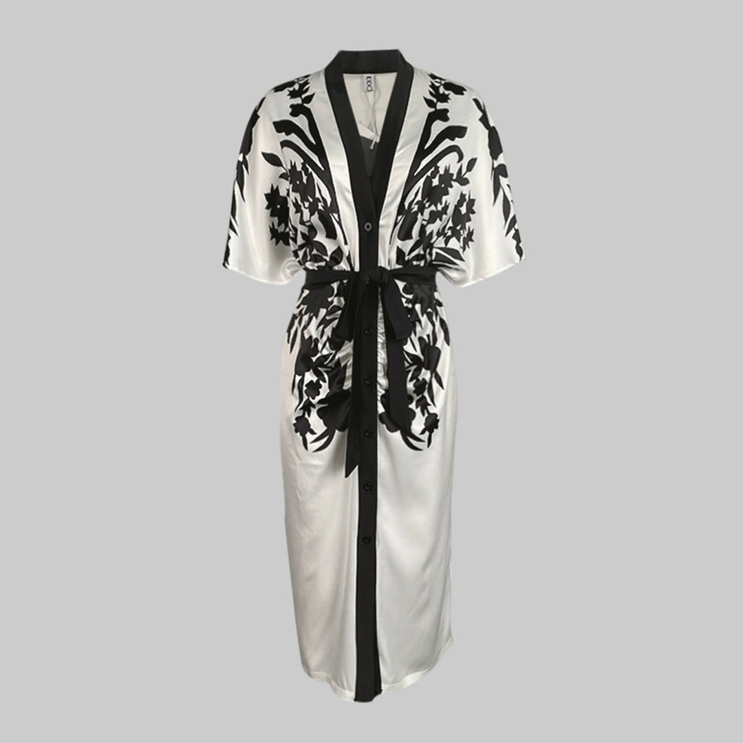 Women's Floral Print Belted Midi Dress With Deep V-Neck And Batwing Sleeves Button-Front