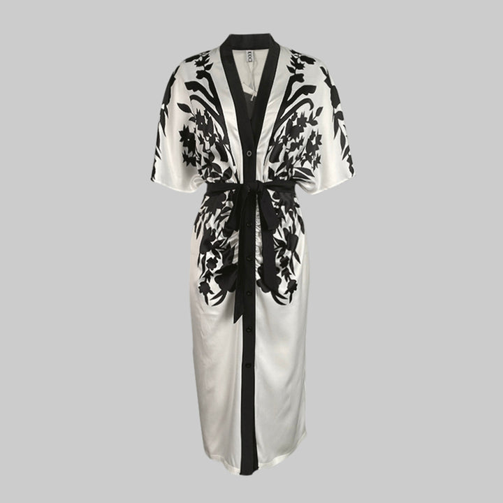 Women's Floral Print Belted Midi Dress With Deep V-Neck And Batwing Sleeves Button-Front