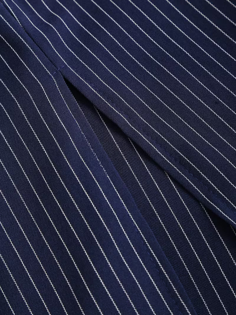 Women's Striped Midi Dress With Notched Lapel And Belted Pencil Cut Style