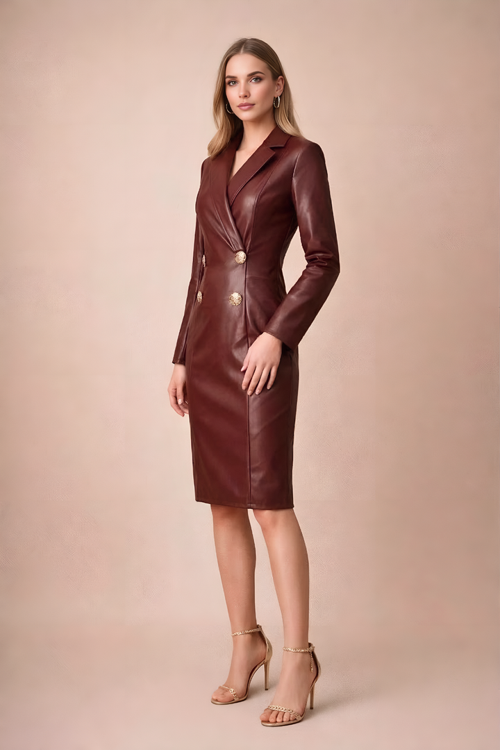 Women's Faux Leather Blazer Dress With Gold Tone Double Breasted Midi