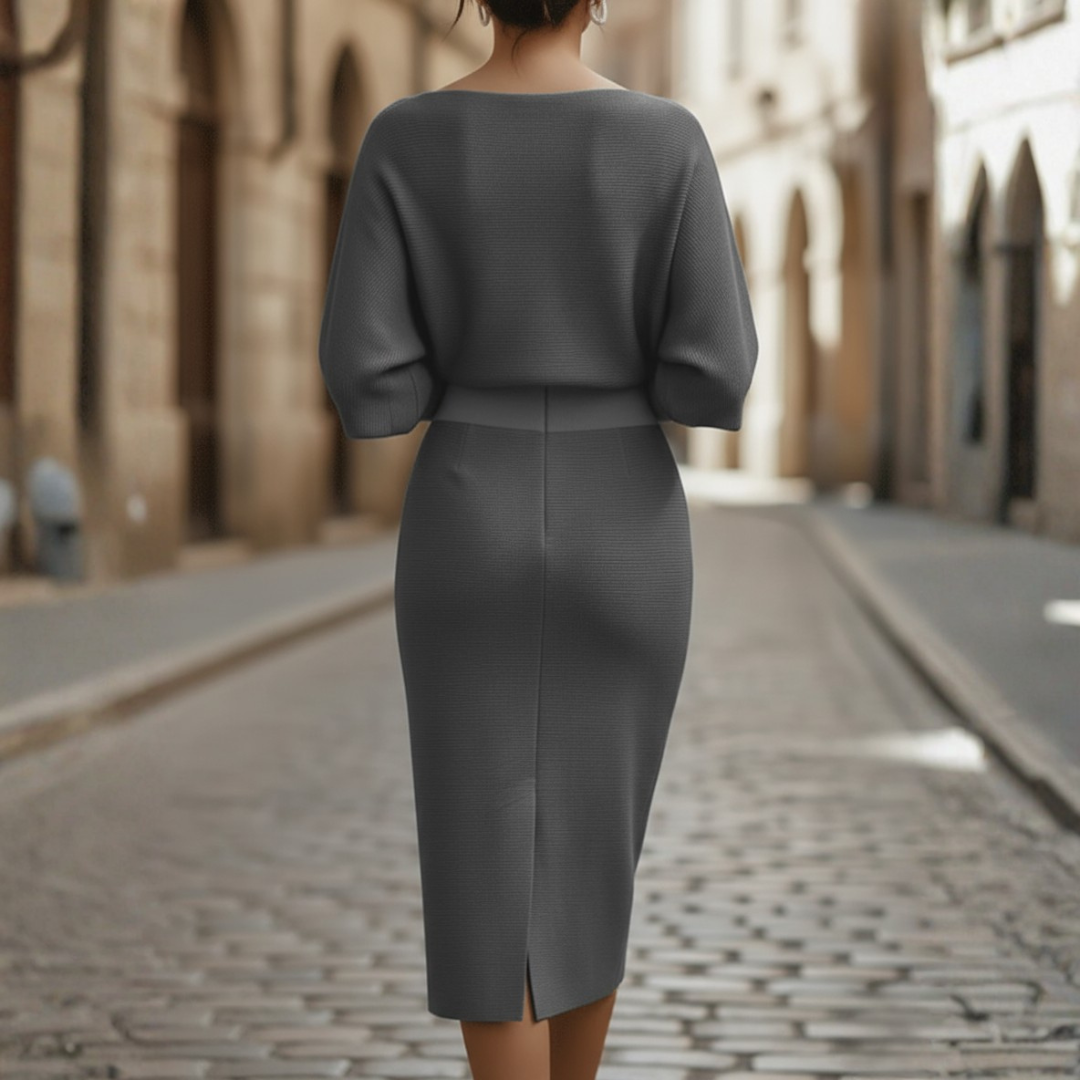 Women's Cowl Neck Midi Dress With Batwing Sleeves And Pencil Skirt Ensemble