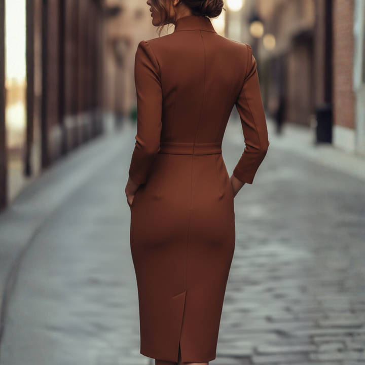 Women's Belted Midi Dress With Wrap Front And Classic Three Quarter Sleeves