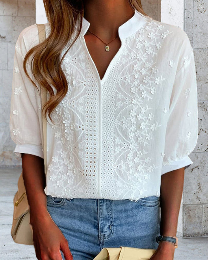 Luna Vale Women's Summer V-Neck Puff Sleeve Blouse
