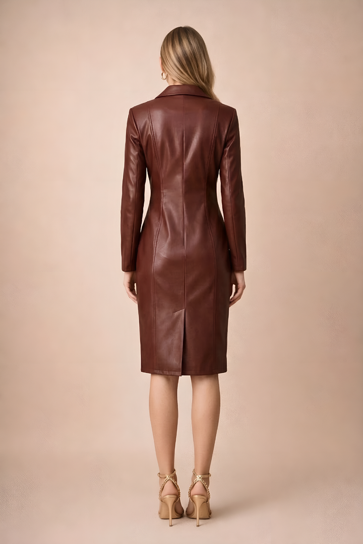 Women's Faux Leather Blazer Dress With Gold Tone Double Breasted Midi
