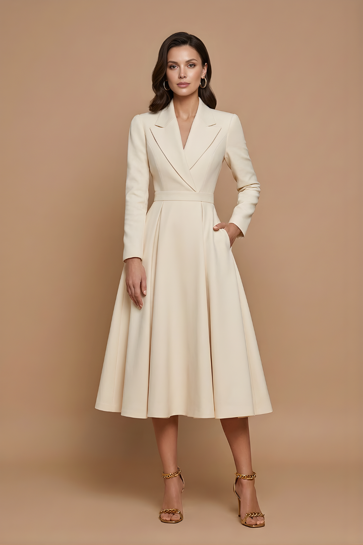 Elegant Women's A-Line Midi Dress With Notched Lapel And Pleated Full Skirt
