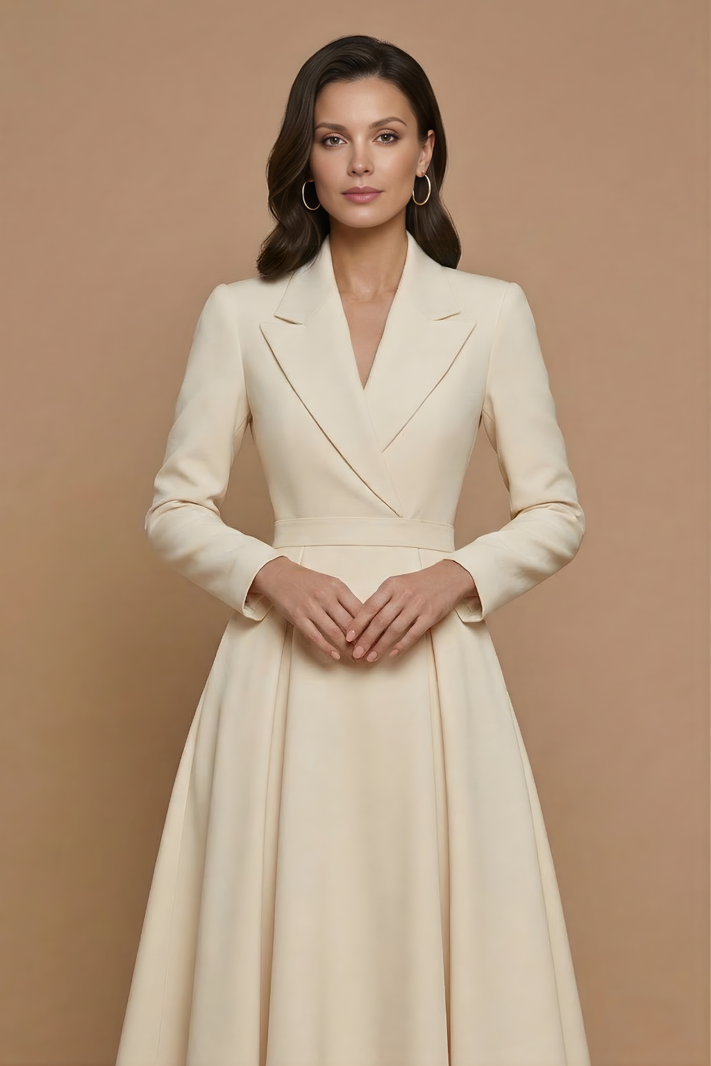 Elegant Women's A-Line Midi Dress With Notched Lapel And Pleated Full Skirt