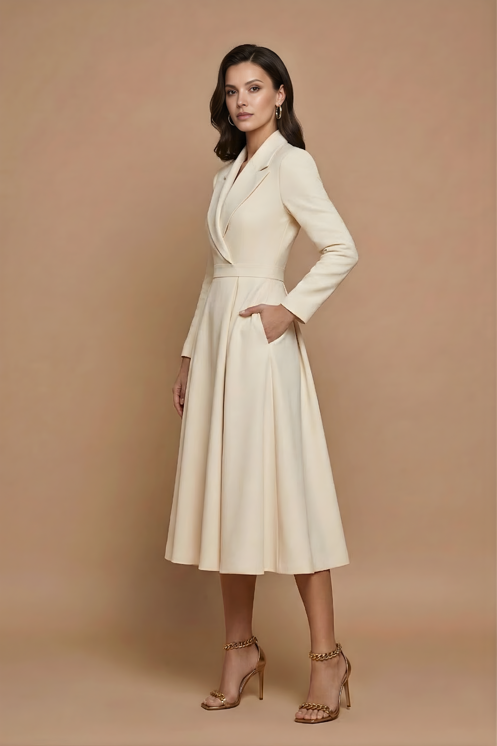 Elegant Women's A-Line Midi Dress With Notched Lapel And Pleated Full Skirt