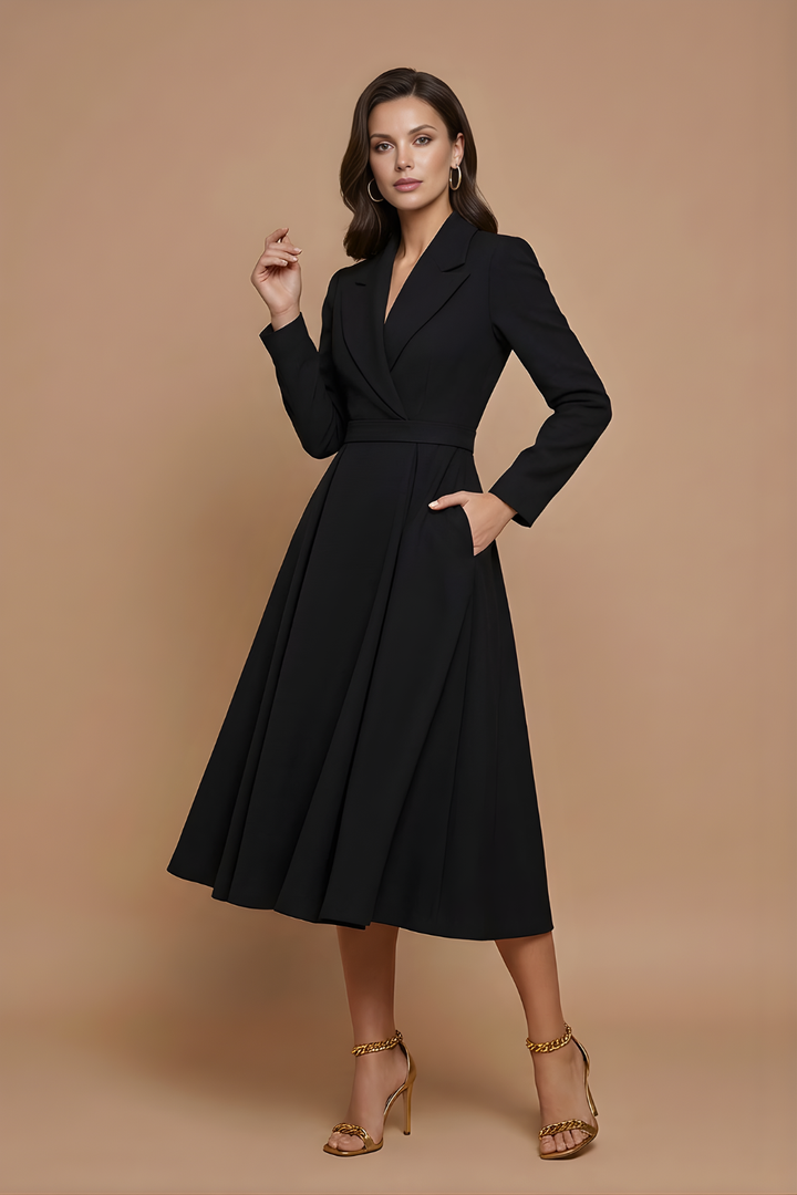 Elegant Women's A-Line Midi Dress With Notched Lapel And Pleated Full Skirt