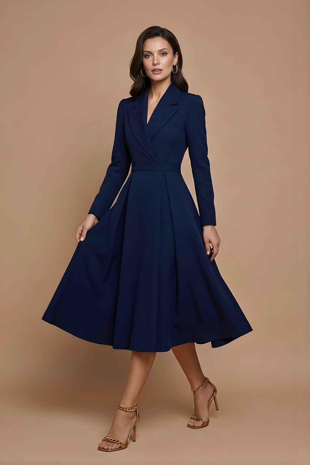 Elegant Women's A-Line Midi Dress With Notched Lapel And Pleated Full Skirt