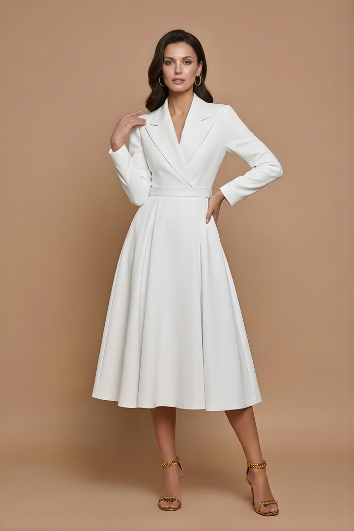 Elegant Women's A-Line Midi Dress With Notched Lapel And Pleated Full Skirt