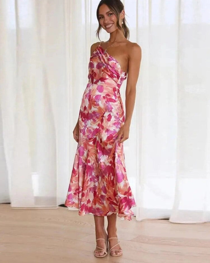 Aurora Maxi Dress With Asymmetrical Cut And Floral Print