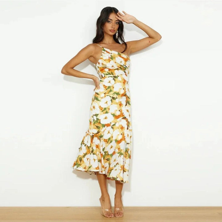 Aurora Maxi Dress With Asymmetrical Cut And Floral Print